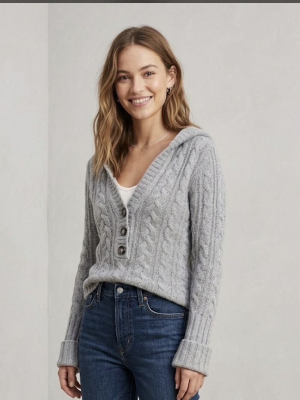 Vintage Abercrombie & Fitch Grey Angora Wool Blend Cable Knit Hooded Sweater